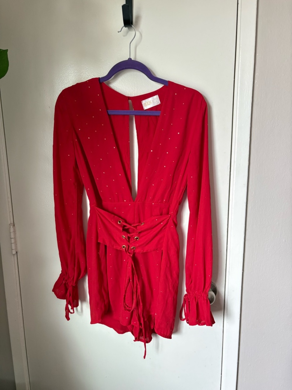 Beach Riot Red V-Neck Romper with Subtle Rhinestones